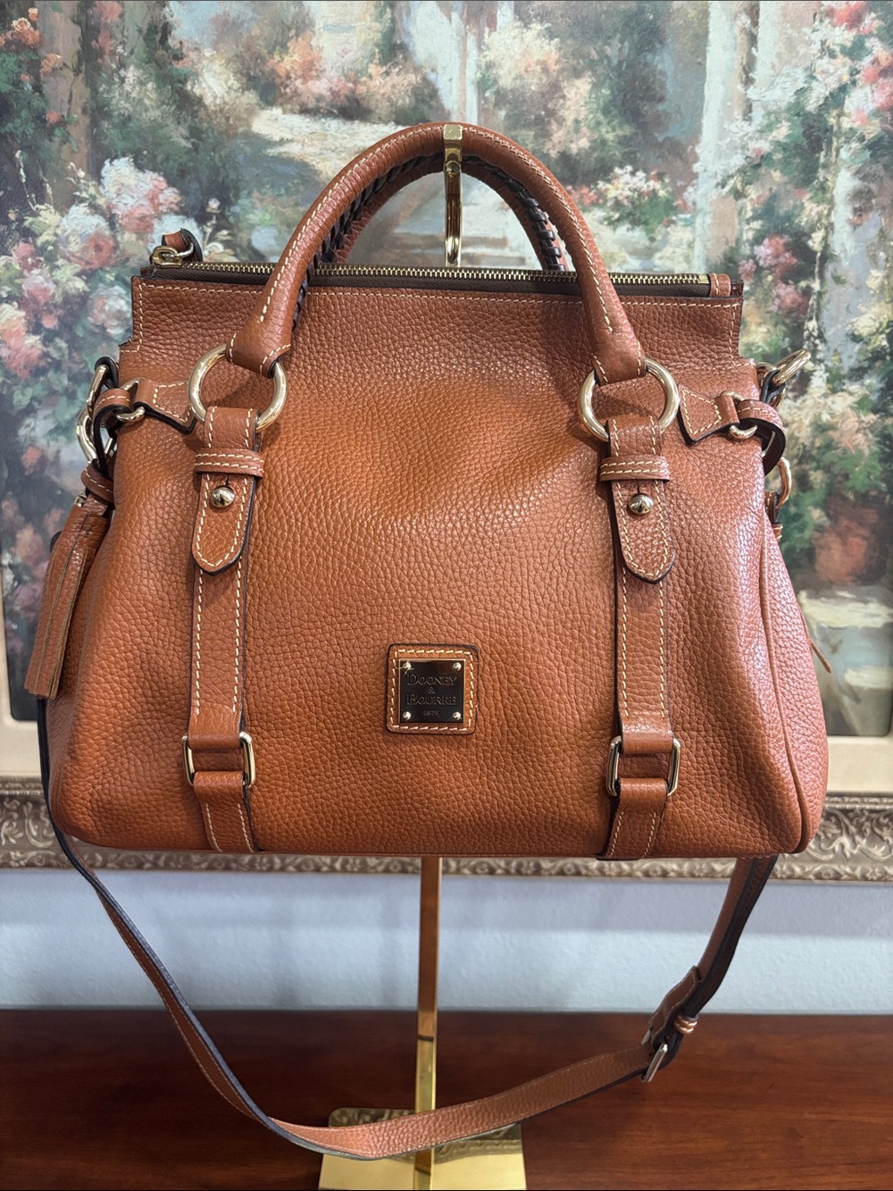 Dooney & Bourke Cognac Pebble Leather Satchel with Gold Hardware